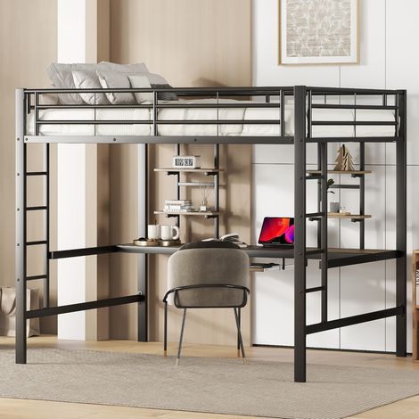 MEUBLIV Cama alta 140x200 cm negra – con escritorio y almacenaje, sin colchón (1/5)