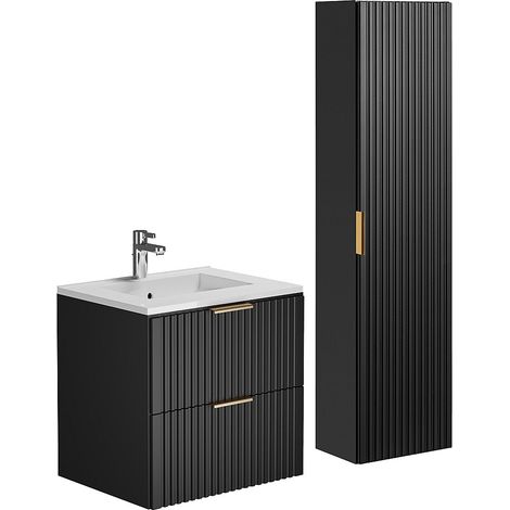 Mobile per bagno con scanalature, lavabo da incasso e colonna 60 cm Nero - ZEVARA