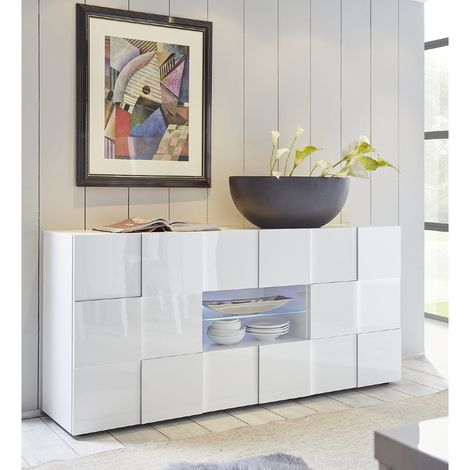 Buffet bas design laqué blanc 2 portes-2 tiroirs MADO avec LED (1/5)