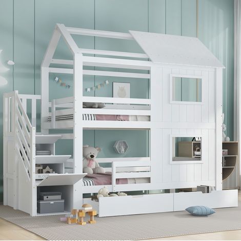 Cama infantil litera con almacenaje y techo blanca OKMYHOME (1/5)