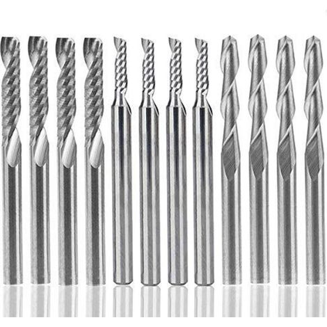 12-teiliges Fräserset: 4 x 3,2 mm Doppelschneider-CNC-Fräser + 8 x Einwegfräser (2 Typen) für Nylon, Harz, ABS, Acryl, PVC, MDF und Holz