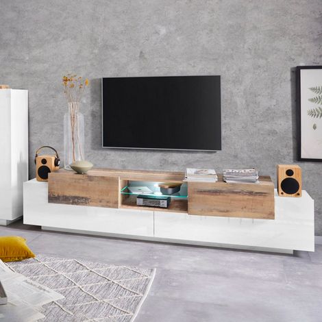 Mobile Porta Tv Moderno 220x40/45x51cm - ZENITH - Colore: bianco laccato/ acero pereira (1/5)