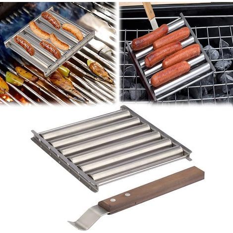 Grille à rouleaux pour hot-dogs, support à rouleaux pour saucisses de barbecue, grille à rouleaux chauffante à 6 rouleaux avec poignée, support à rouleaux en acier inoxydable pour saucisses (1 ensembl (1/4)