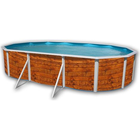 Piscine hors sol acier ovale 6.40 x 3.66 x 1.20m – Décor bois – Volume 25m3 – Filtration à sable incluse – Échelle double 4 marches – TOI (1/4)