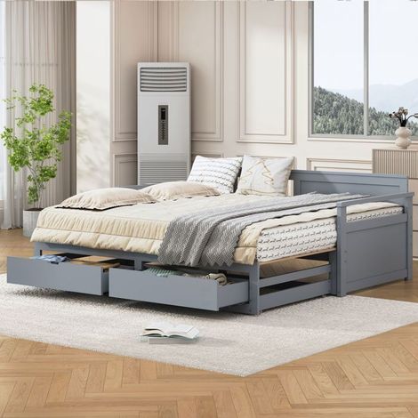Lit Gigogne 90x190/180x190 - Tiroirs de Rangement Pratiques - lit 2 places - Pin Massif Gris Extensible Gain de Place Adulte Enfant (1/5)