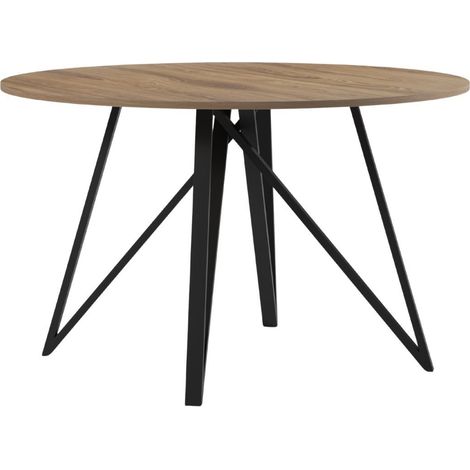 Table ronde Ø130cm plateau en mélaminé imitation chêne moyen et pieds design en métal laqué noir - URIELLE