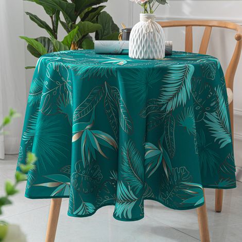 Homemaison – Nappe ronde anti-taches bleu paon Ø 160 cm – Polyester doux – Lavable en machine à 30° – Finition biais