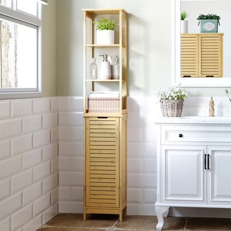 Mueble de baño de bambú 34 x 30 x 173 cm, 3 nichos, armario HAVRYA (1/5)