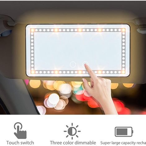 Miroir de courtoisie LED pour pare-soleil de voiture, 3 modes d'intensité lumineuse, rechargeable, avec éclairage LED.