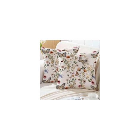 Housse de Coussin de Printemps 45x45 Motif Floral pour Canapé D'extérieur Taie Oreiller Coussin Decoratif Canape à Rose Beige Fleurs Feuilles Papillons Lot de 2