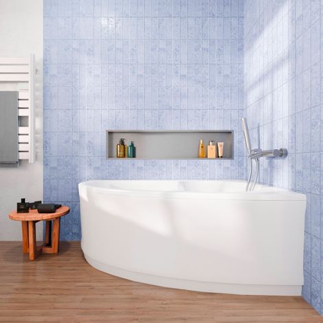 Siko – Baignoire asymétrique 150x95 cm – LU1500PSET1 – Acrylique blanc – Droite avec tablier 150 cm et pieds – Contenance 170 L