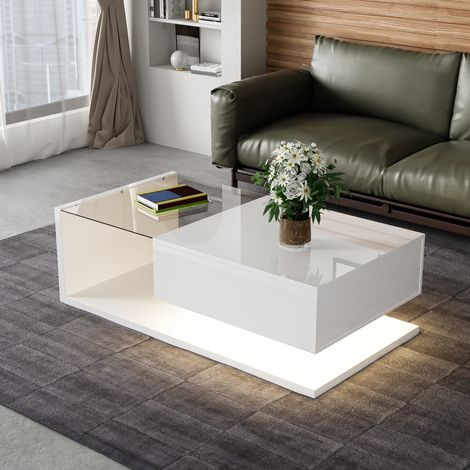 Table basse 105x55 cm blanc – LED, verre, rangement, sans matelas (1/5)