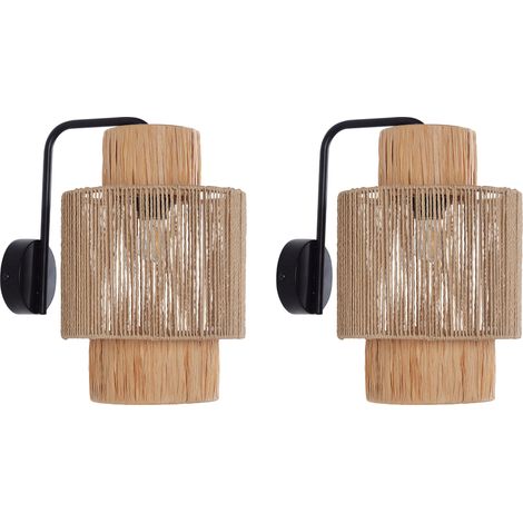 Conjunto de 2 lámparas de pared rafia hoja de palma cuerda de papel hecho a mano base de metal estilo boho natural Jamma