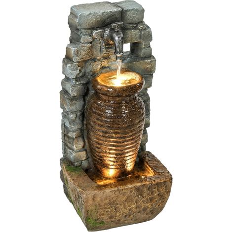 Fontaine de jardin design poterie avec jet d’eau simple et 3 supports rustiques – aspect mur de pierre déco extérieur (1/5)