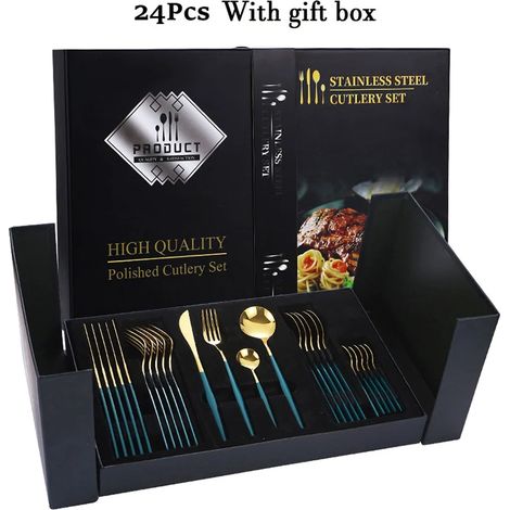 Coffret cadeau de couverts en acier inoxydable (vert doré) - Couteau, fourchette, cuillère (1/5)