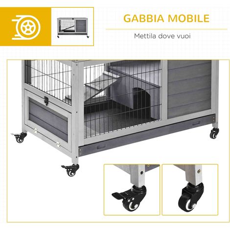 Cage rongeur bois gris 4 roulettes, maisonnette lapin avec rampe inclinée, dimensions 90x53x59 cm (1/5)