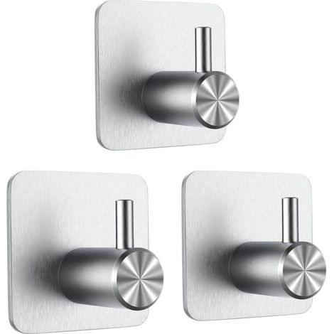 3 Pièces Crochet Adhésif 3M, Crochet Mural de Salle de Bains, Sans Perçage Porte Serviette, Acier Inox Accroche Torchon Cuisine, Argent