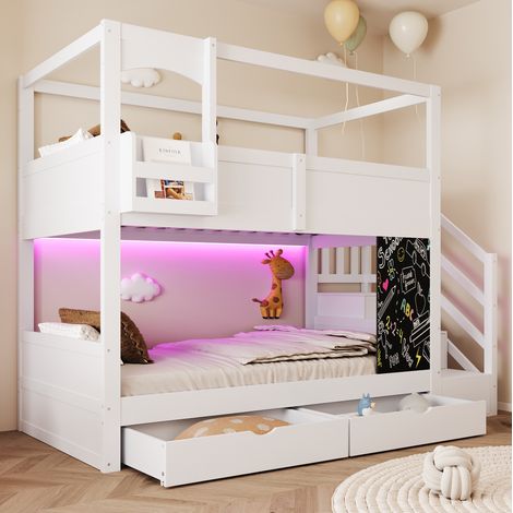 Lit enfant superposé 90x200 cm style maison avec rangement, tableau amovible, échelle, bois blanc (1/5)