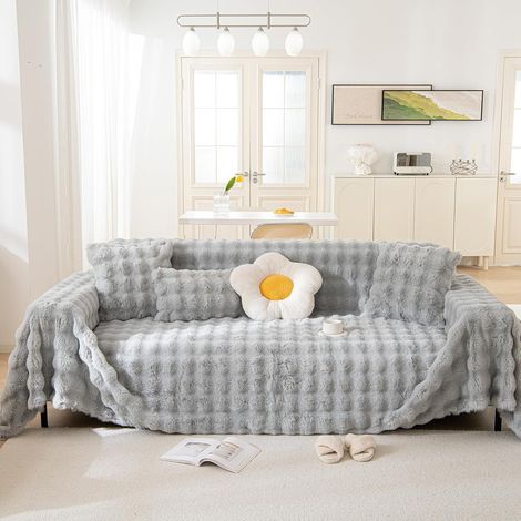 Thick Plush Rabbit Sofa Cover for 3 Seaters, Non-Slip, Soft, Comfortable, Warm and Fluffy for Children and Pets (Light Grey, 180x260cm) (1/5)