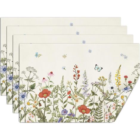 Lot de 4 Sets de Table Printemps Fleurs Sauvages, Dessous Table Antidérapants en Lin Antiquités Herbes Aromatiques, Dessous Assiette Lavable pour Cuisine et Salle à Manger Décor 30x45cm (1/5)