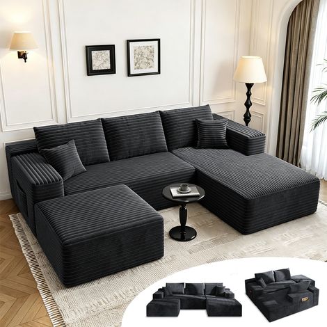 Canapé d’angle 4 places avec fonction lit, canapé modulable en L pour salon, convertible moderne avec 5 coussins, 274L x 175P x 64H cm, noir (1/5)