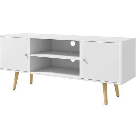 Mobile porta TV in stile scandinavo con 2 ante, 2 ripiani a giorno, sistema di gestione dei cavi, gambe in legno di pino, pannelli bianchi - 120 x 34 x 50 cm bianco