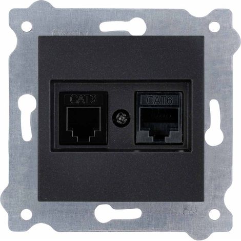 Prise informatique Cat.6 RJ45 + téléphonique RJ11 Noir métallique EXEN (1/3)