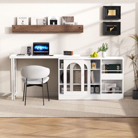 Table de bar moderne, extensible et pivotante à 360°, avec rangement intégré, table de bar réversible avec porte vitrée, idéale pour un coin café ou une cuisine, blanche. (1/5)