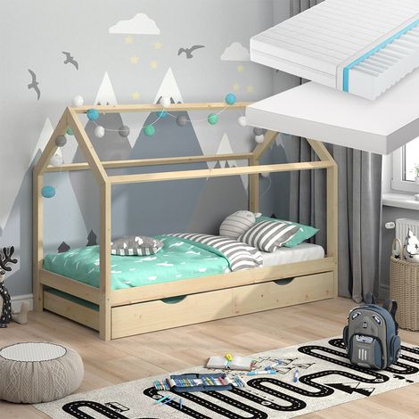 Cama en forma de casa Wiki, Marrón, 90x200 cm con cama de invitados y 2 colchones, Vitalispa