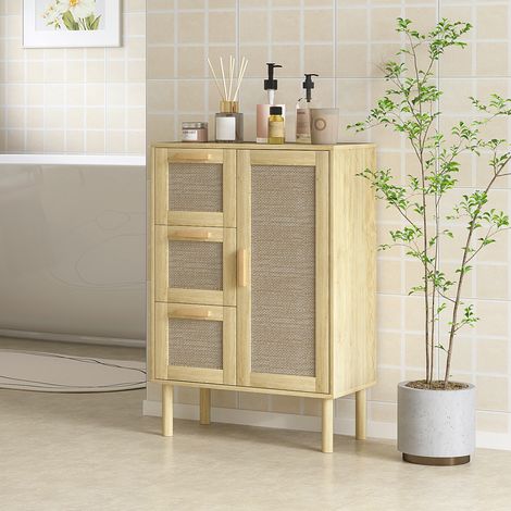Aufbewahrungsschrank im Bohème-Stil mit 3 Schubladen und 3 Einlegeböden, Front aus geflochtenem Rattan, kompakt, 55 x 30 x 82 cm
