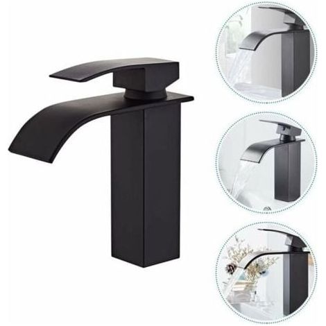 Grifo de baño con dos tomas de agua, grifo de lavabo con agua fría y caliente, diseño moderno de grifo de lavabo tipo cascada, cuerpo de válvula de cobre negro duradero. (1/5)