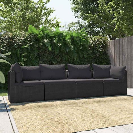 4-tlg. Garten-Sofagarnitur mit Auflagen Poly Rattan Schwarz