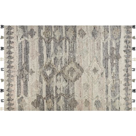 Alfombra kilim de lana gris beige 200 x 300 cm a mano patchwork borlas Aratashen
