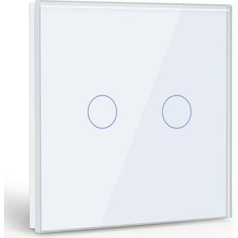 Interrupteur Tactile 2 Gang 1 Voie.Blanc Commutateur de Lumière avec LED Affichage Light.Interrupteur Tactile avec Capteur Tactile Panneau Verre Cristal-Pas de fil Neutre