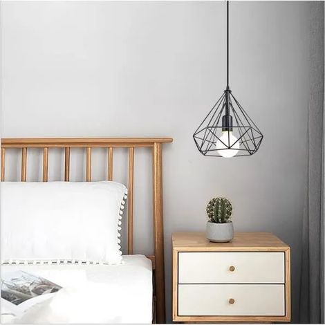 Lustre Salon,Lampe de Plafonnier de Style Vintage Lustre Suspension Industrielle en Cage Diamant Noir Luminaire Abat-jour en (1/4)