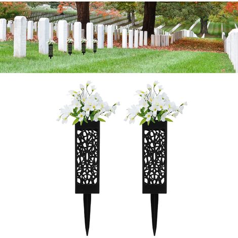 2 Pièces Vases de Cimetière Noirs Colonne Design Unique Creux Installation Facile Porte-Fleurs Tombale à Insérer au Sol