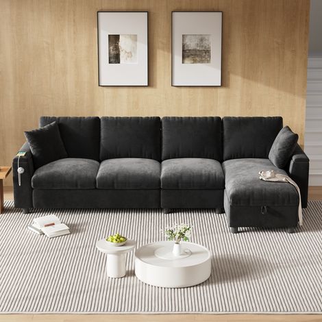 Canapé d'angle réversible 4 places 280x137x84 cm Canapé convertible avec accoudoirs de rangement, tablette rabattable,USB ,USB-C, chenille gris foncé (1/5)