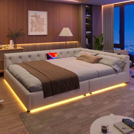 Canapé-lit méridienne 140x200 avec éclairage LED télécommande – Tête capitonnée – Lin beige – Ports USB/Type-C intégrés