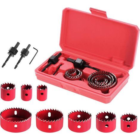 Set mit 11 Kreisbohrern für Holzlochsägen, ideal für dünne Holzplatten, PVC und Kunststoffplatten (rot) (1/4)