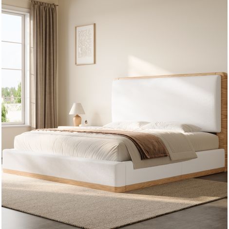 Doppelbett 180x200 cm aus MDF, Weiß/Natur, Kopfteil, ohne Matratze – MEUBLIV (1/5)
