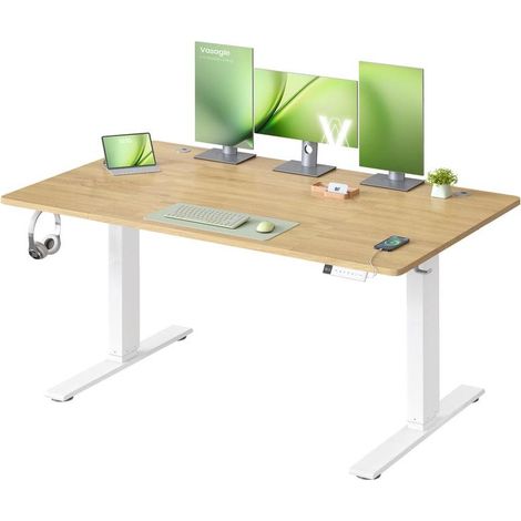 Bureau électrique réglable en hauteur 140 x 80 cm avec port USB-C fonction mémoire 3 hauteurs style rustique en aggloméré chêne naturel (1/2)