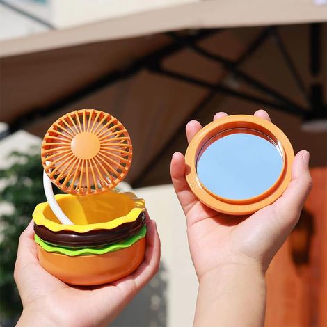 Mini ventilateur de hamburger rechargeable, ventilateur de jouet créatif mignon avec miroir, mode 3 vitesses, petit cadeau pour la famille et les amis en été. (1/4)