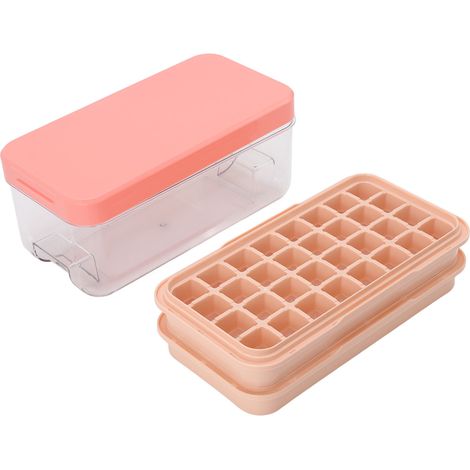 Bac à glaçons silicone 2 étages 64 cubes avec couvercle et pelle, facile démoulage rose