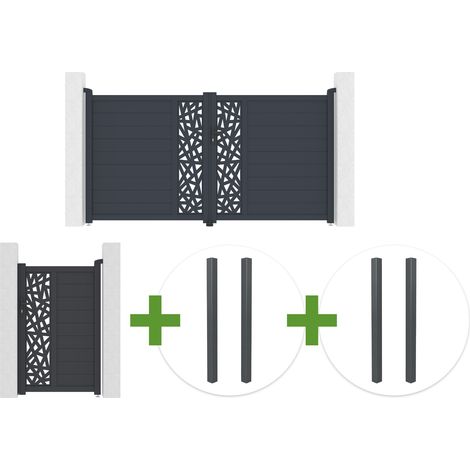 Portail battant 3m RUIVO H.160cm aluminium gris + Portillon 1m RUIVO H.160cm + 4 poteaux (1/5)