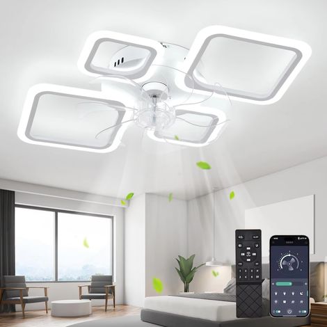 Ventilateur de plafond multifonction, avec minuterie, ventilateur pour salon, éclairage domestique, lumière tricolore, plafonnier géométrique, idéal pour bureaux (blanc) (1/5)