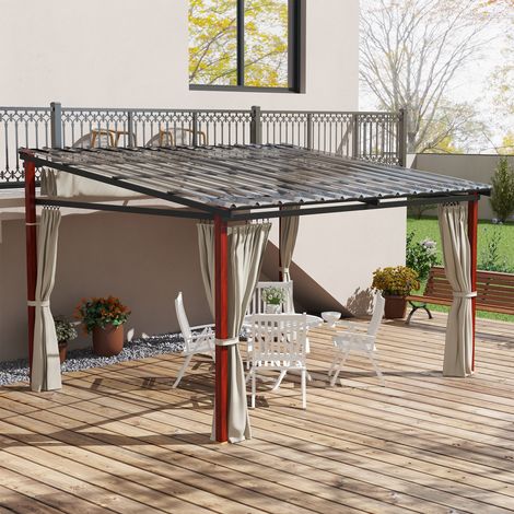 Pérgola con toldos laterales y techo retráctil en policarbonato, aluminio y metal, 345x300x215-255 cm, color crema. (1/5)