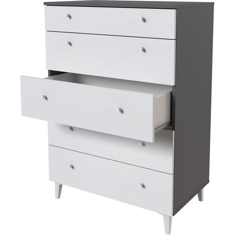 Commode, meuble de rangement avec 5 tiroirs coloris gris, blanc - Hauteur 114 x Longueur 80 x profondeur 48 cm (1/2)
