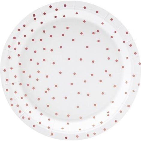 Piatti di carta a pois, bianchi, oro rosa, 18 cm, 6 pezzi.