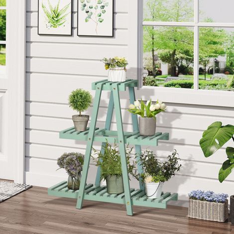 Scaffale portavaso in legno Outsunny, supporto per fiori, porta vasi, 3 ripiani, 76 x 26 x 76 cm, verde
