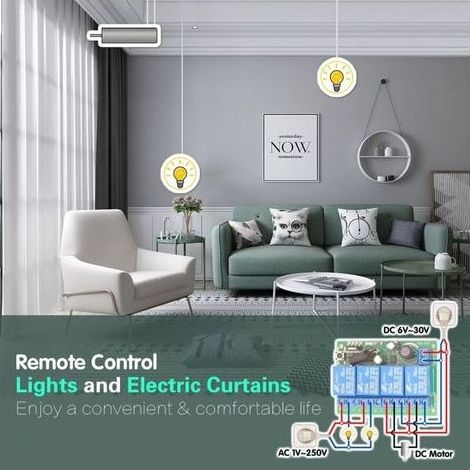 Commutateur de télécommande de relais sans fil DC 12V 24V 4 canaux 433Mhz RF 4CH Module récepteur de relais avec 2 émetteurs, télécommande, pour lumières, porte de garage, moteur, bricolage (1/5)